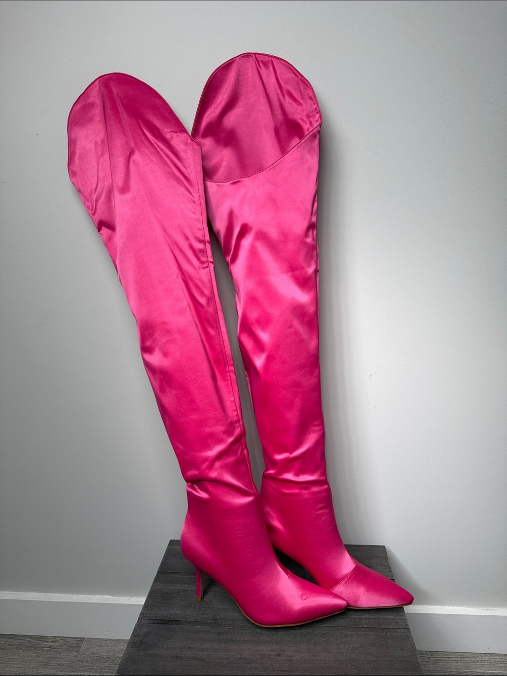 Hot Pink Satin Over-the-Knee Pointed-Toe Boots